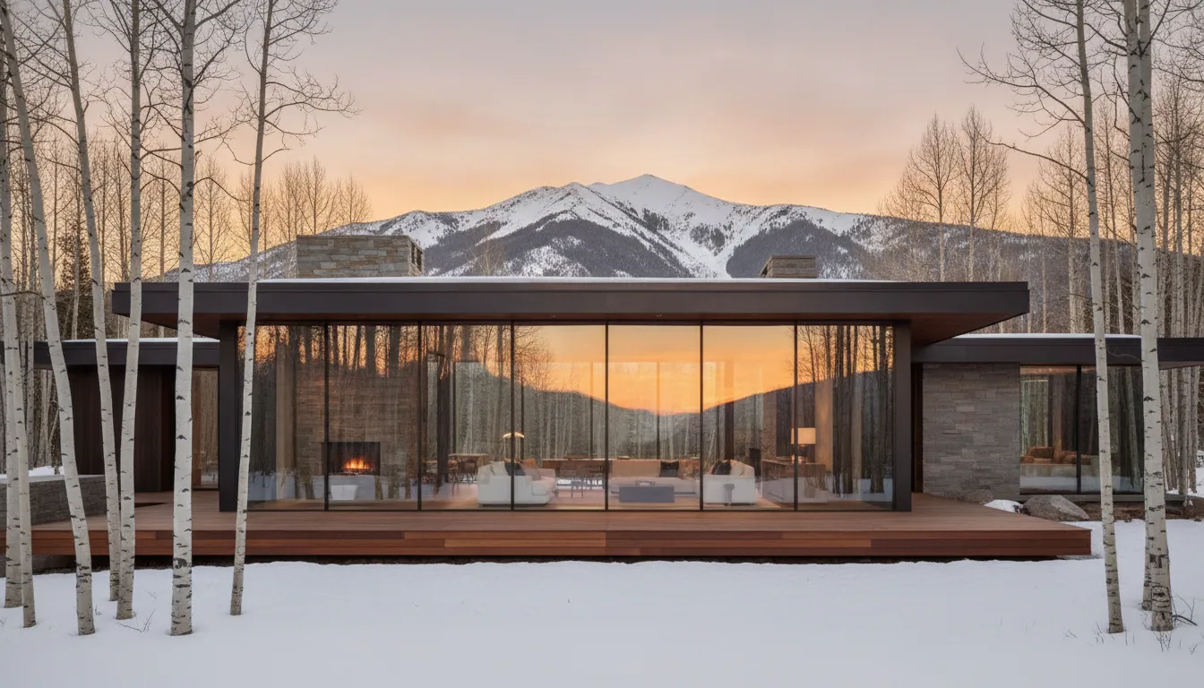 Luxury modern mountain home in Park City at sunset with glass walls and snow-capped peaks