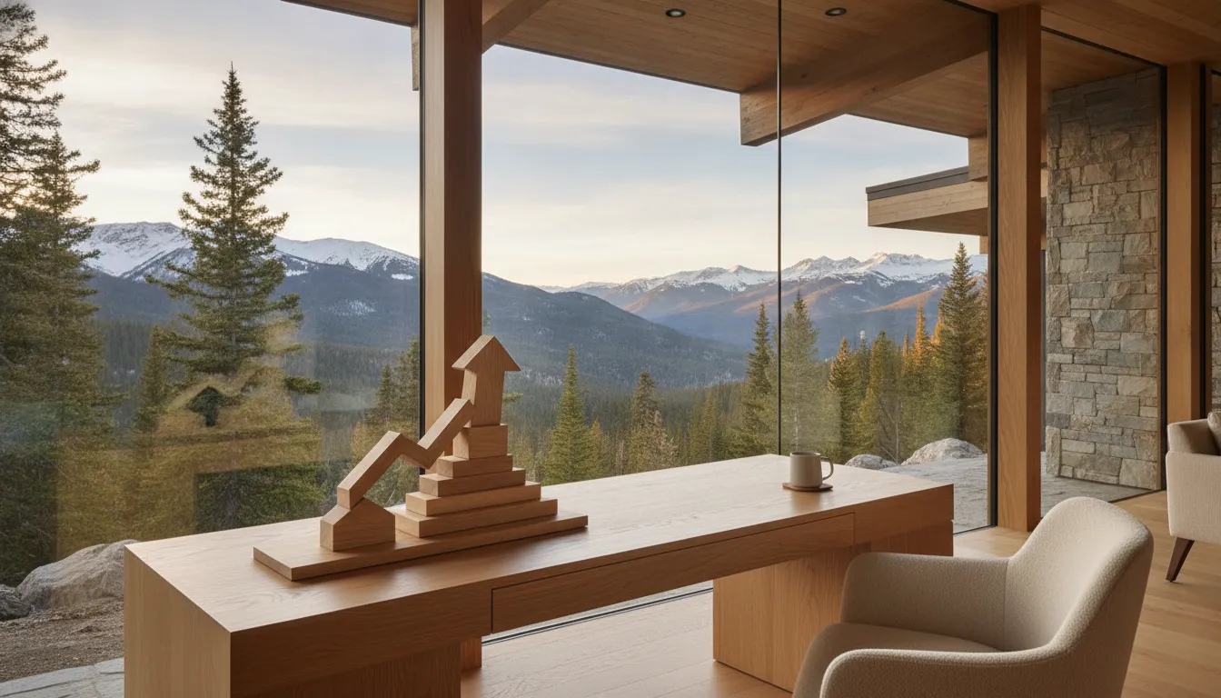 Luxury mountain investment property with a simple income analysis on a bright desk