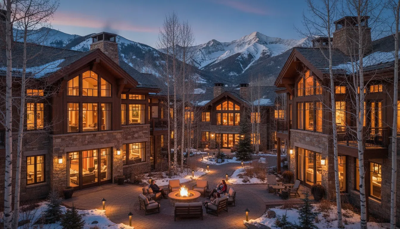 Luxury Park City mountain condominium village at dusk with warm lit windows