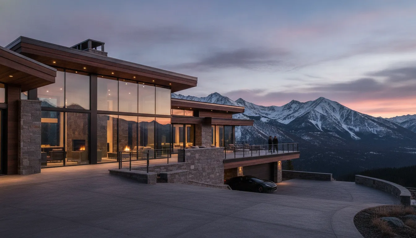 Luxury modern mountain home in Park City Utah at sunset with glass walls and snow-capped peaks