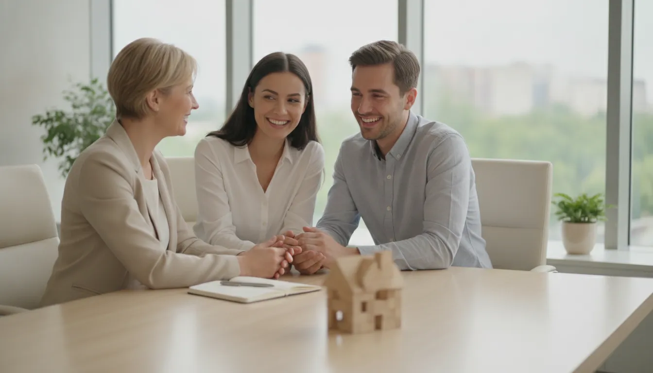 Homebuyer couple meeting with a mortgage loan officer to review conventional loan down payment options