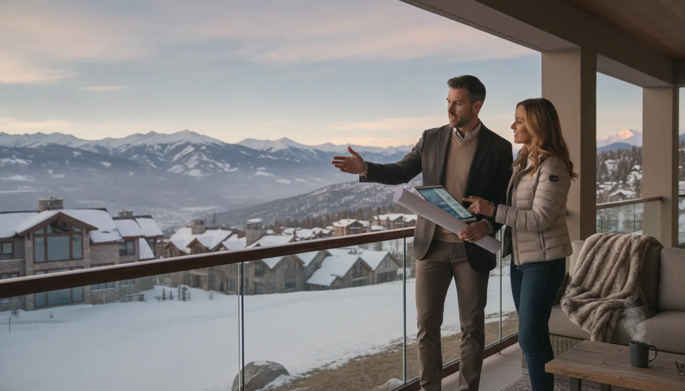 Investor and mortgage advisor reviewing investment property plans on a Park City mountain-view balcony