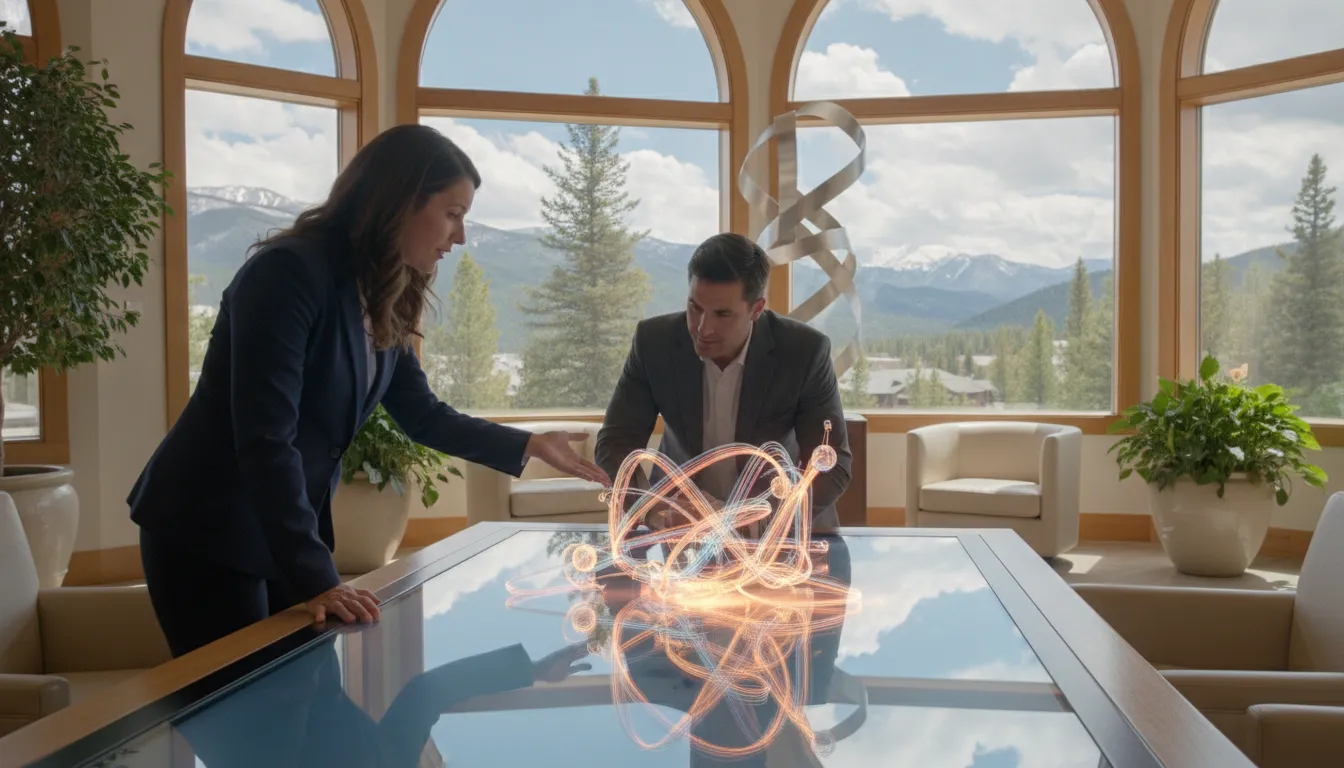 Investor and mortgage advisor reviewing investment property financing plans on a Park City mountain-view balcony