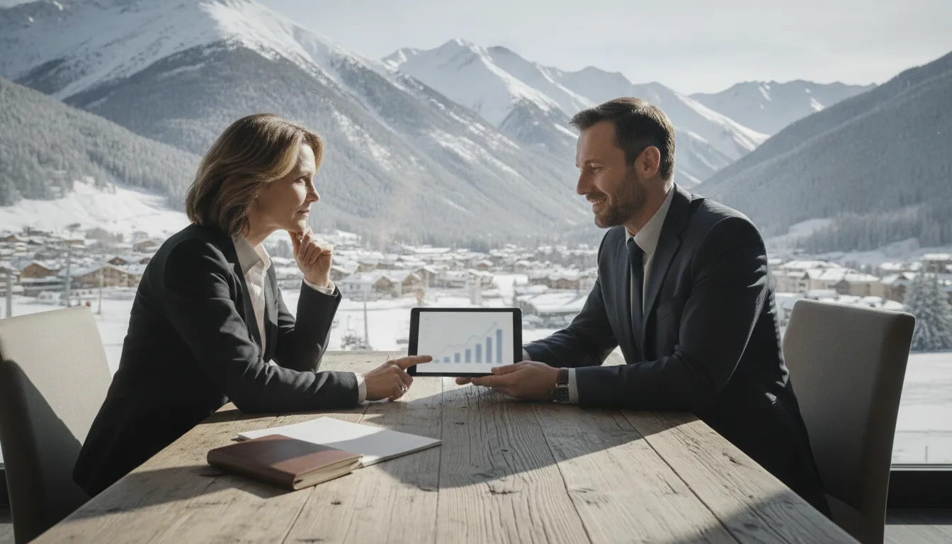 Investor studying rental income cash flow projections at a table overlooking a ski resort village