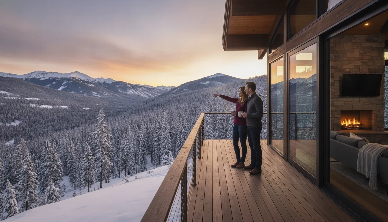 Couple on the deck of a modern mountain home in Park City, Utah, planning their second home