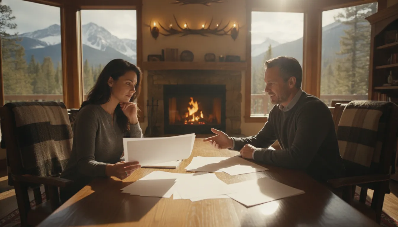 Financial advisor reviewing second home financing options with a couple in a mountain-lodge office