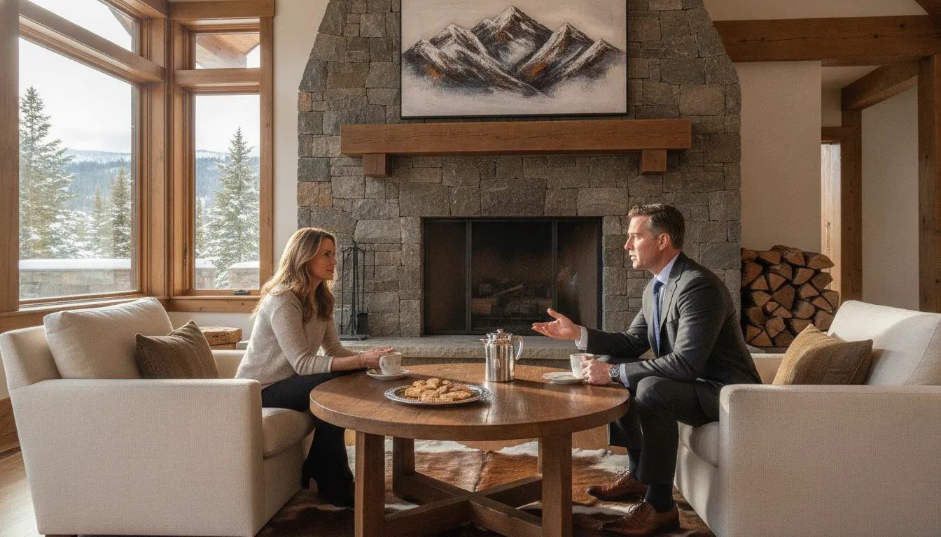 A mortgage advisor discussing second home financing with a couple by a stone fireplace in a Park City mountain home