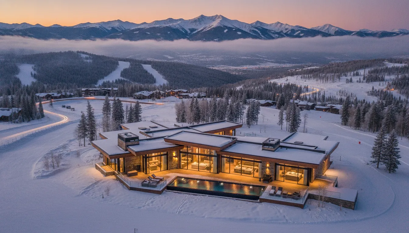 A luxury ski chalet in Park City at golden hour surrounded by snow-covered peaks