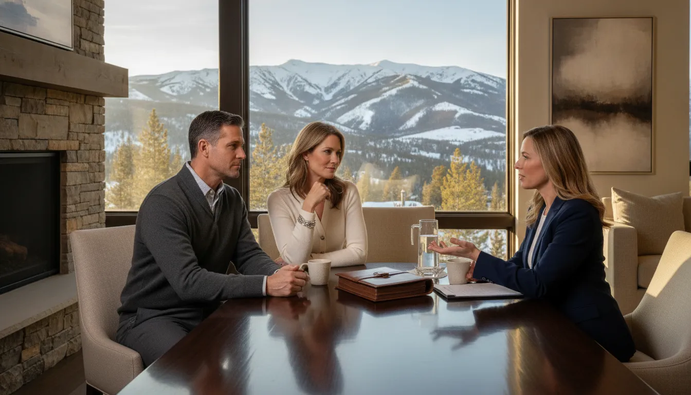 Affluent couple reviewing second home financing with a mortgage advisor in front of a large window overlooking Park City mountain views