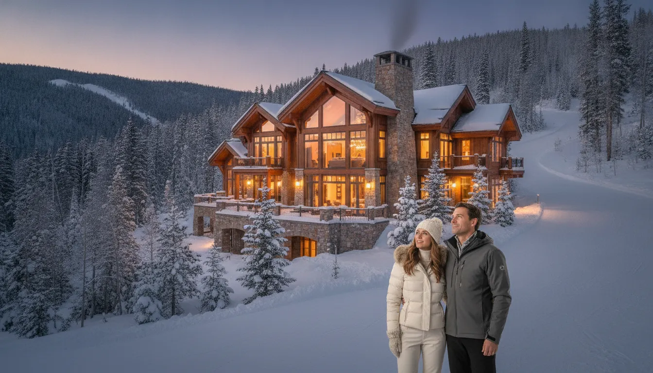 Luxury ski-in ski-out second home in Park City with snow-capped mountains in the background
