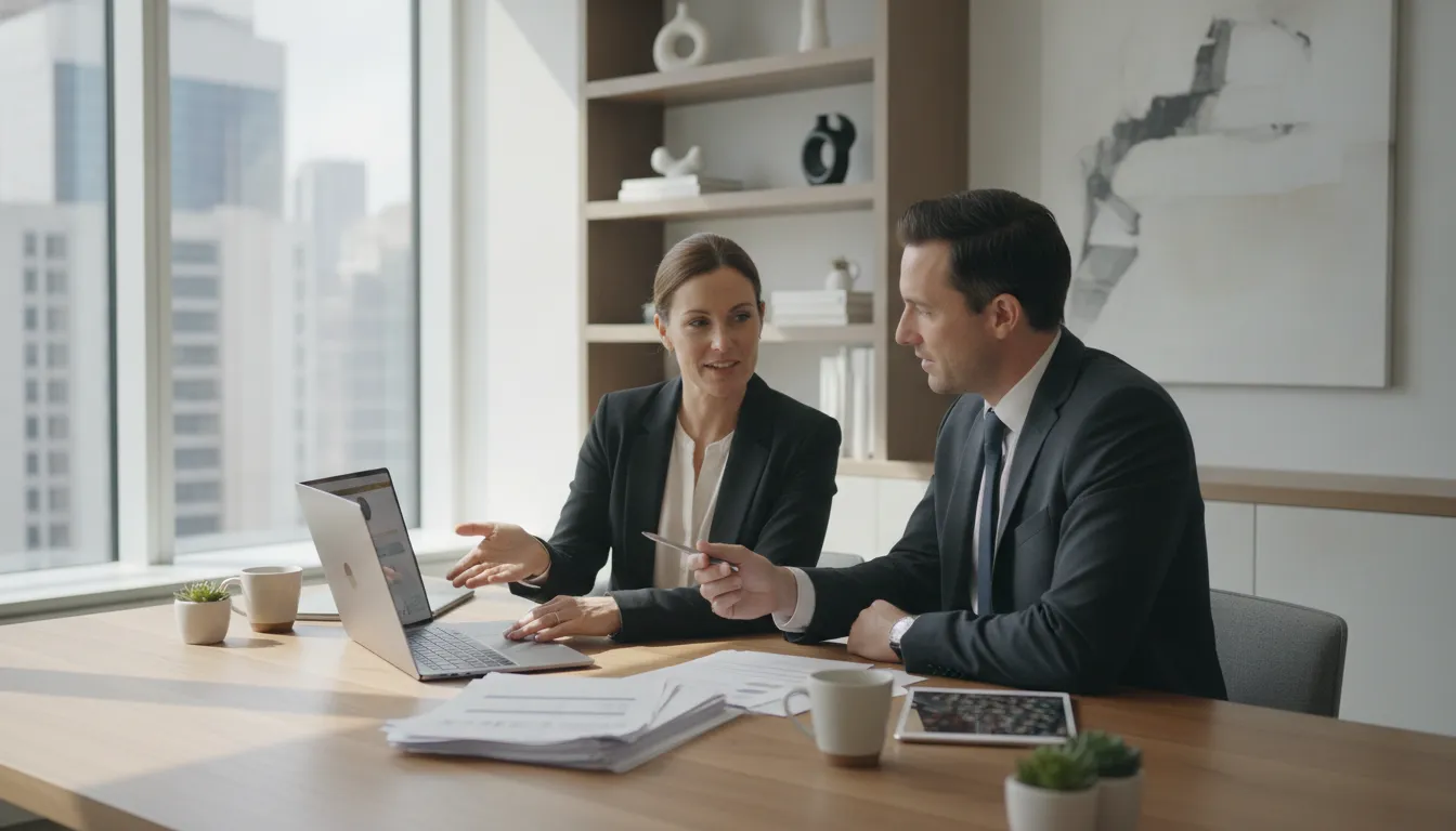 Self-employed buyer reviewing loan documents with a mortgage advisor in a modern office