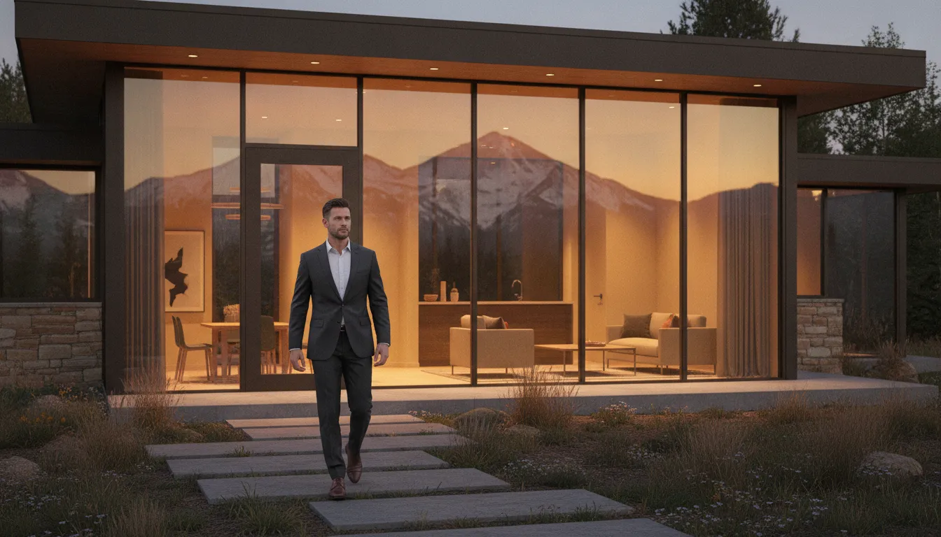 Modern Park City mountain rental home at sunset with snow-capped peaks