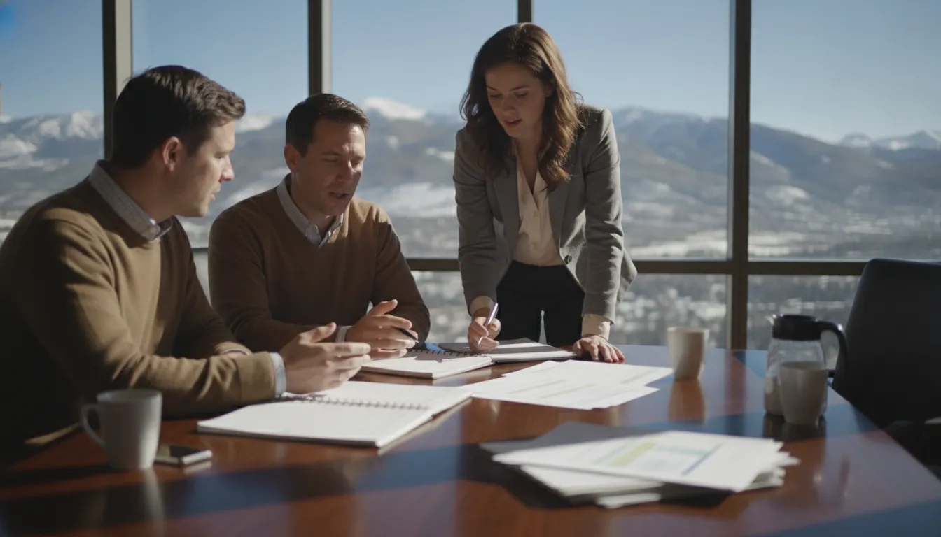 Real estate investors and a lending advisor discussing rental property cash flow in a Park City office