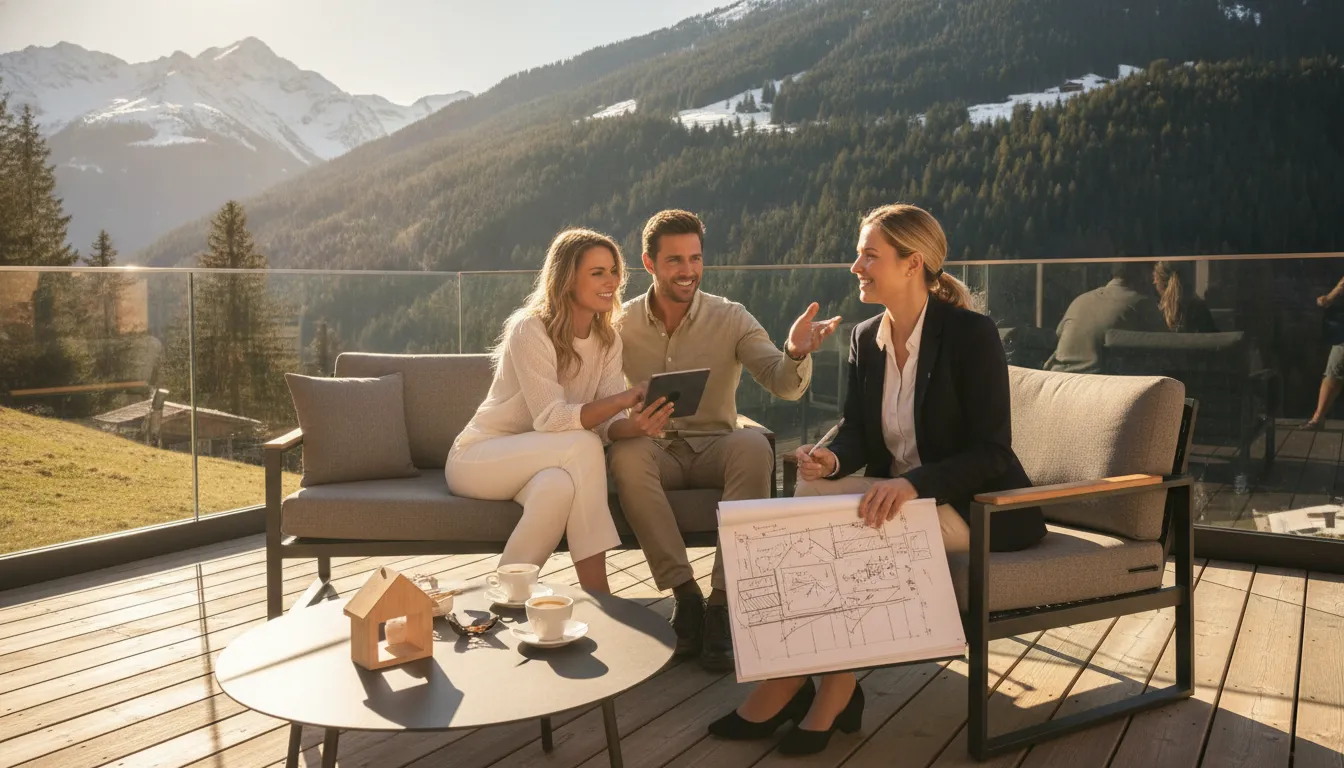 Couple reviewing second-home financing options with a mortgage advisor on a sunlit mountain-town deck in Park City