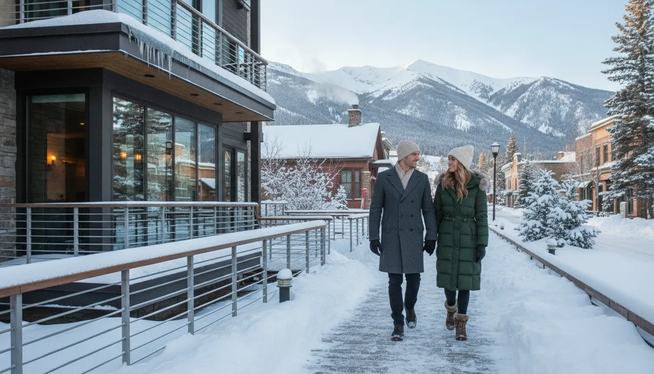 Couple walking along a snowy Park City boardwalk beside a modern mountain condominium building in clear winter light