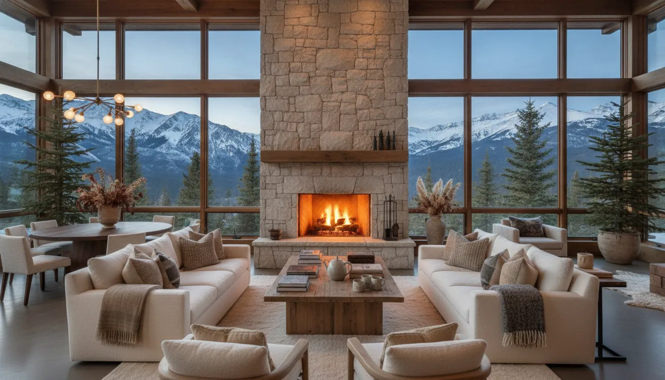 Warm interior of a luxury mountain vacation home with large windows overlooking snowy slopes and a cozy fireplace