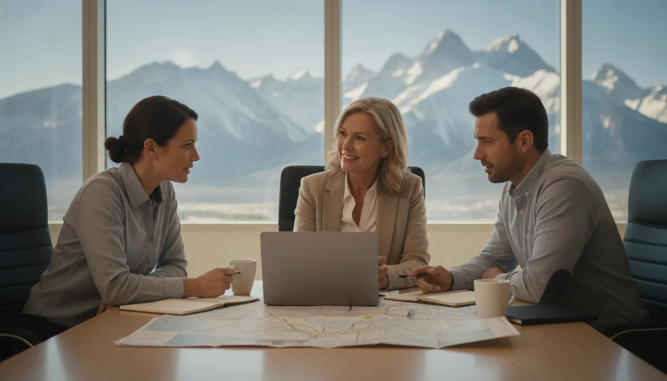 Mortgage advisor meeting with an investor couple to discuss rental property financing in Summit County