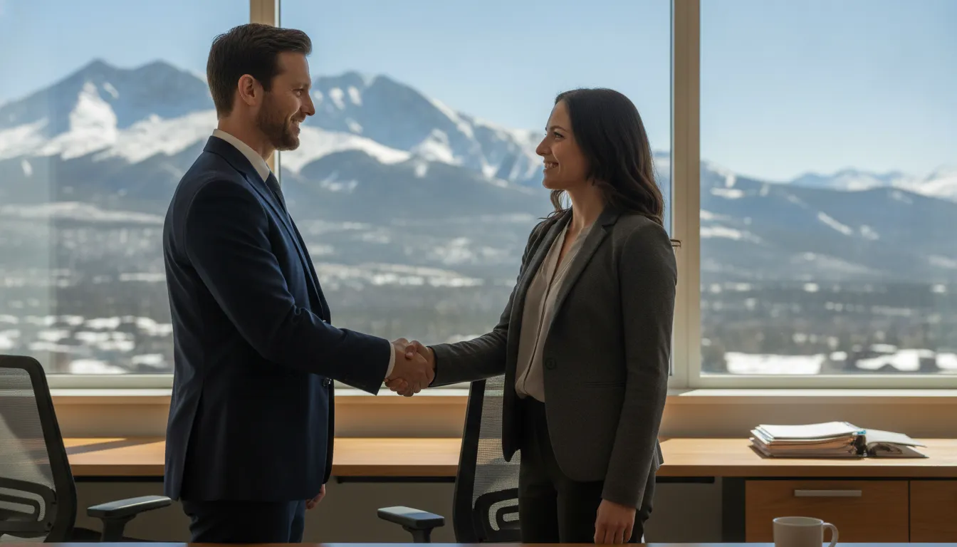 Mortgage advisor shaking hands with a rental property investor in a Park City office