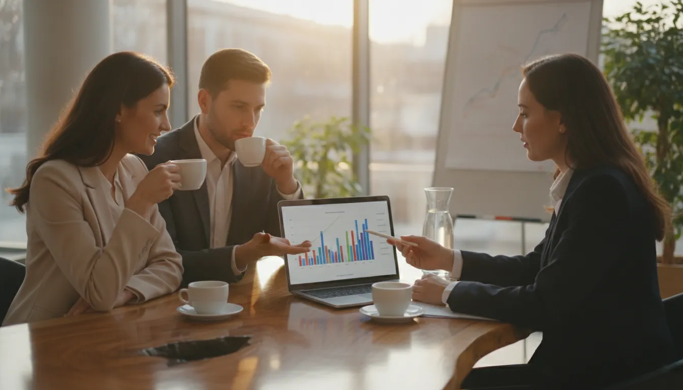 Investor couple reviewing rental property income projections with an advisor