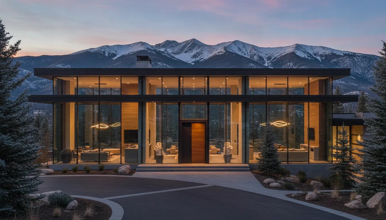Luxury modern mountain rental home in the Utah mountains at sunset with expansive glass walls