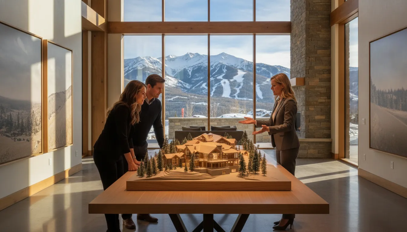 Real estate advisor showing a property layout to an investor couple in a luxury Park City office with ski-capped mountains visible through the windows