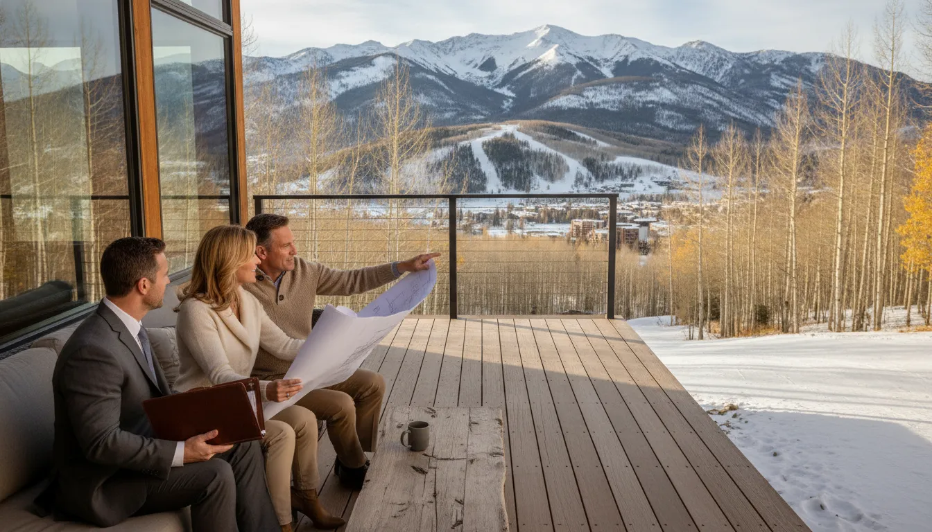 Investor couple reviewing plans with a mortgage advisor on the deck of a luxury mountain rental home in Park City