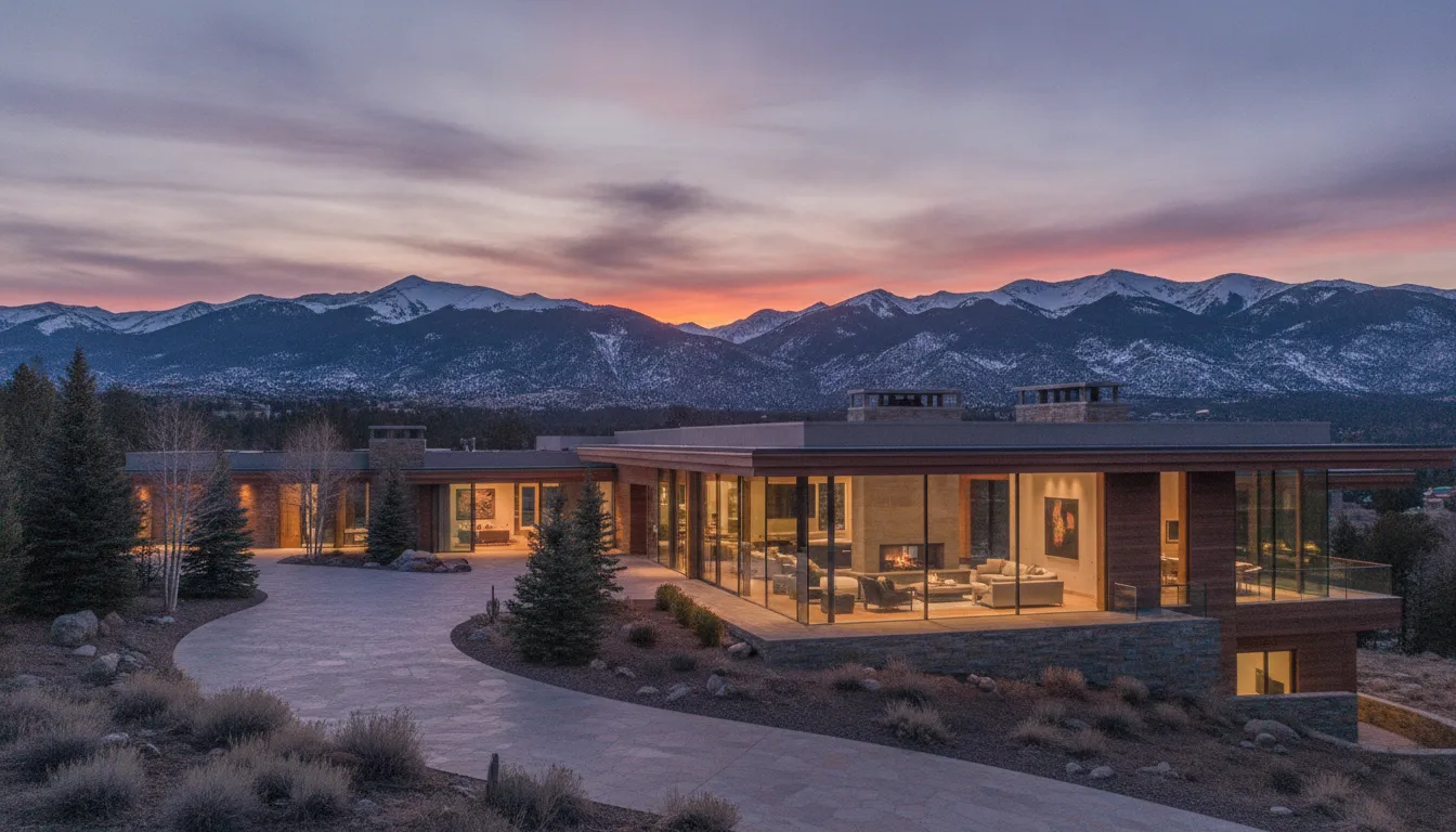 A luxury modern mountain home in the Utah Rockies at sunset, representing a Summit County investment property