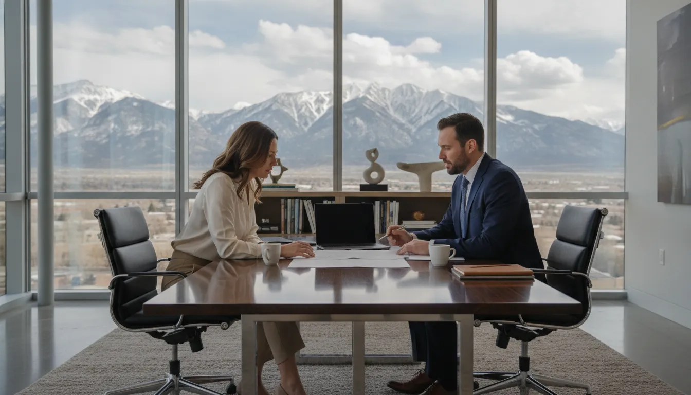 Mortgage advisor and investor reviewing investment property loan options at a table overlooking the Utah mountains