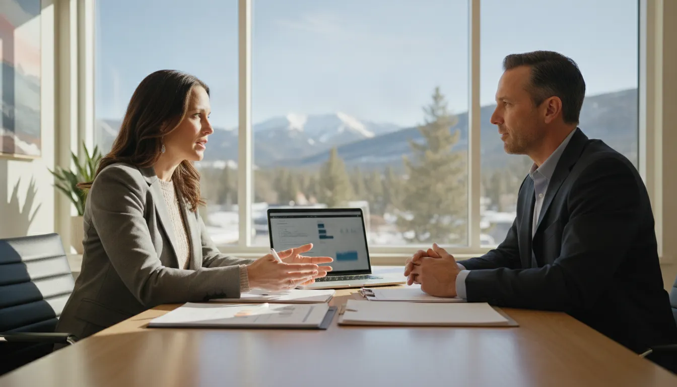 Self-employed business owner discussing a bank statement mortgage with a mortgage specialist in a bright Park City office