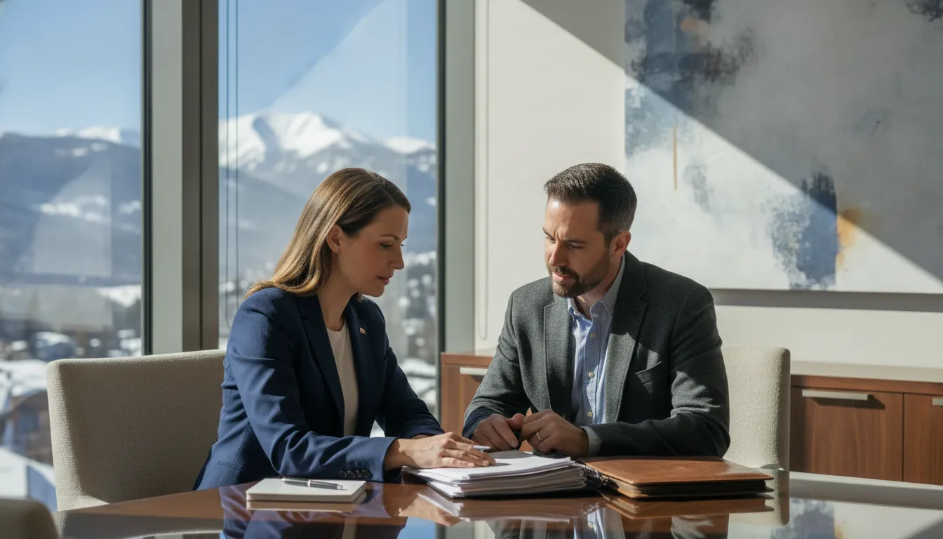 Mortgage specialist reviewing financial statements with a self-employed buyer in a bright office