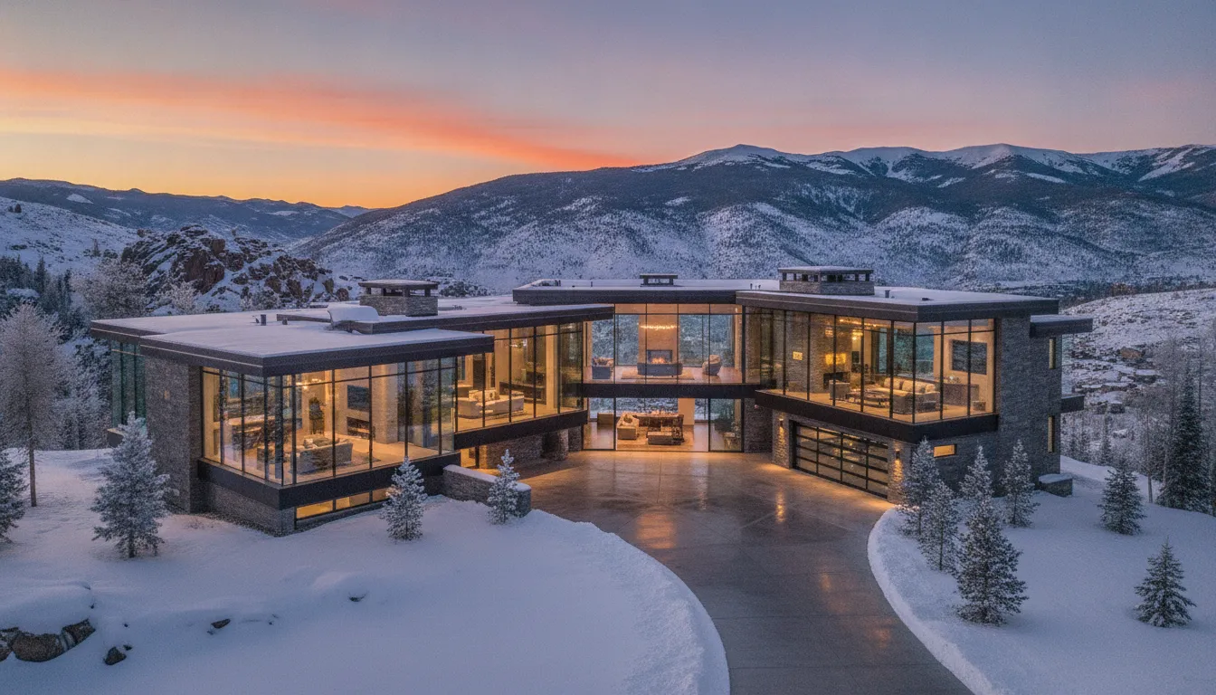 Luxury modern mountain home in Park City at sunset with snowcapped peaks