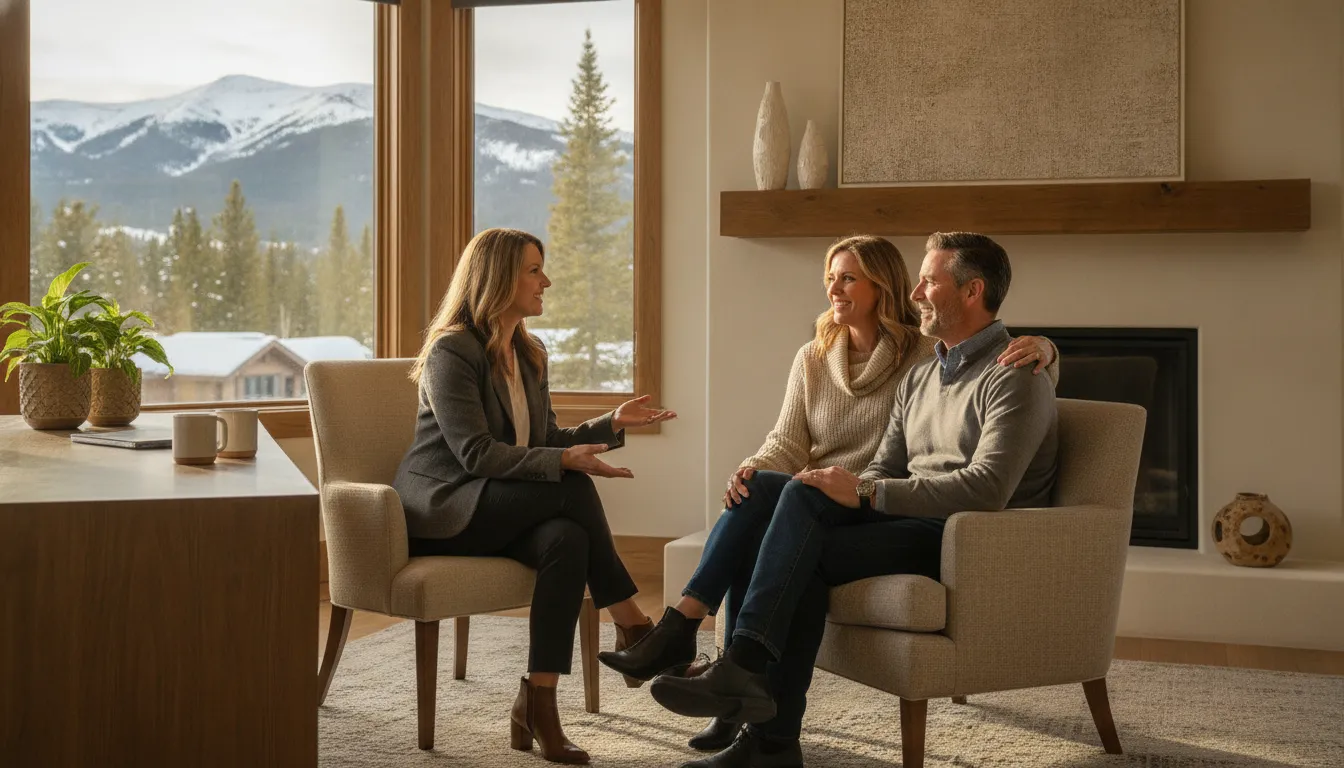A mortgage advisor speaking with a self-employed business owner couple in a bright Park City home office