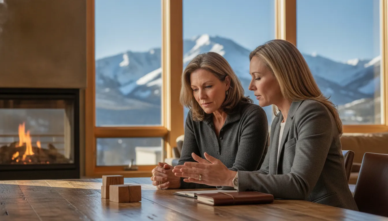 A mortgage advisor and investor discussing financing for a luxury mountain investment property in Park City, Utah.
