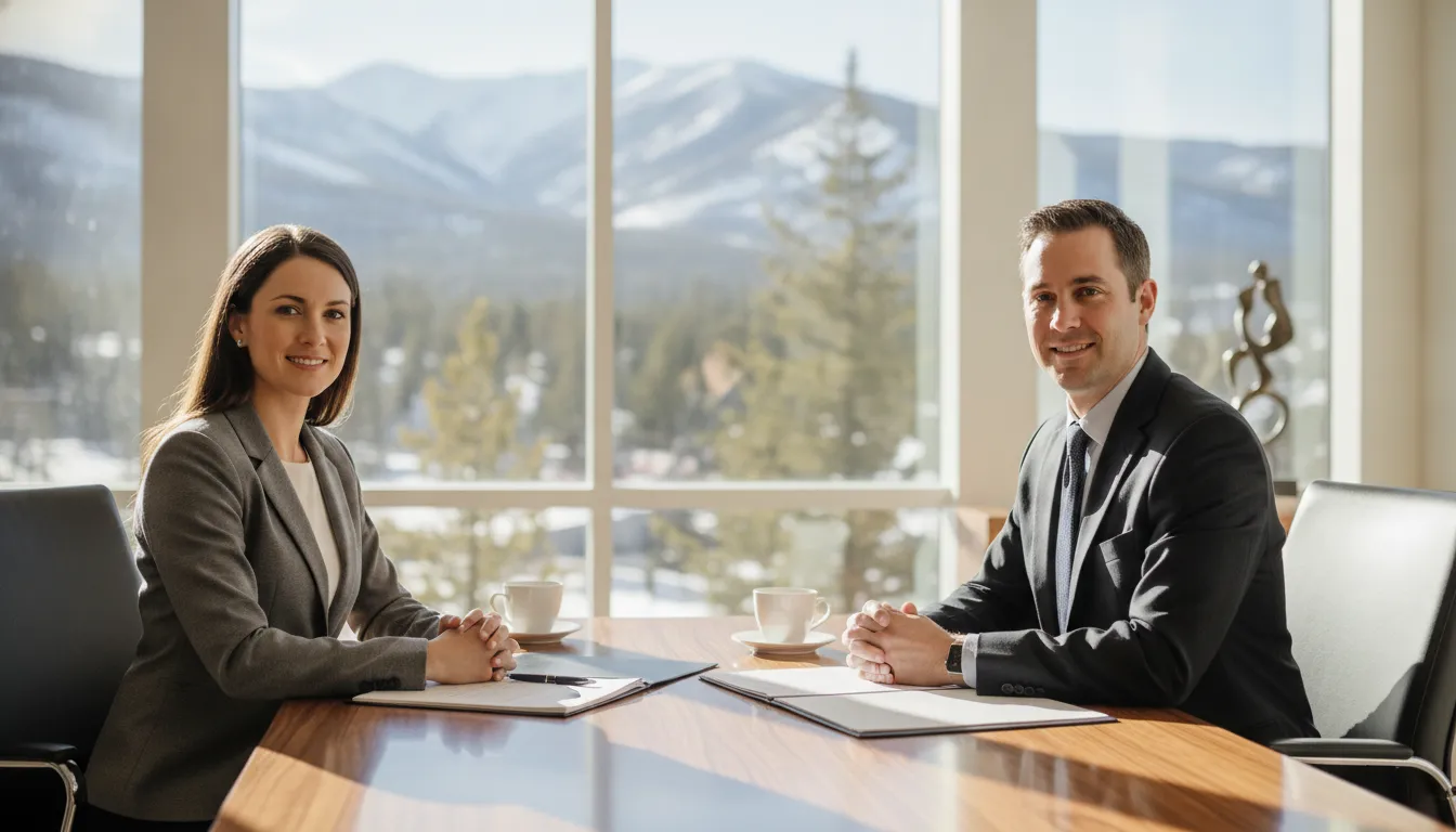 A self-employed business owner reviewing financial documents with a mortgage specialist in a Park City office