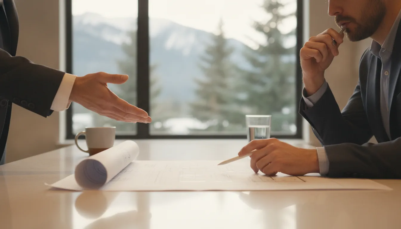 A mortgage advisor and an investor reviewing financing options for a luxury mountain rental property.