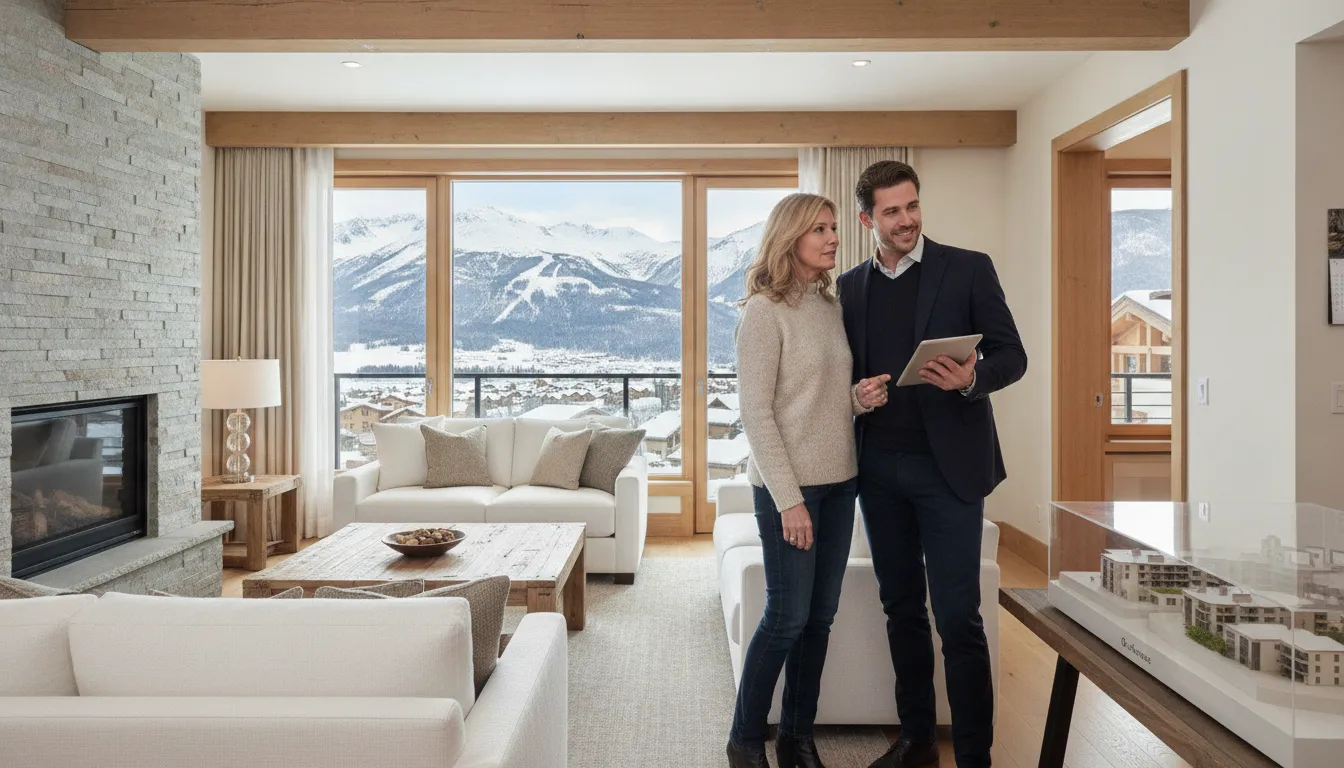 Investors and a consultant discussing the rental potential and financing strategy for a ski-area condominium.