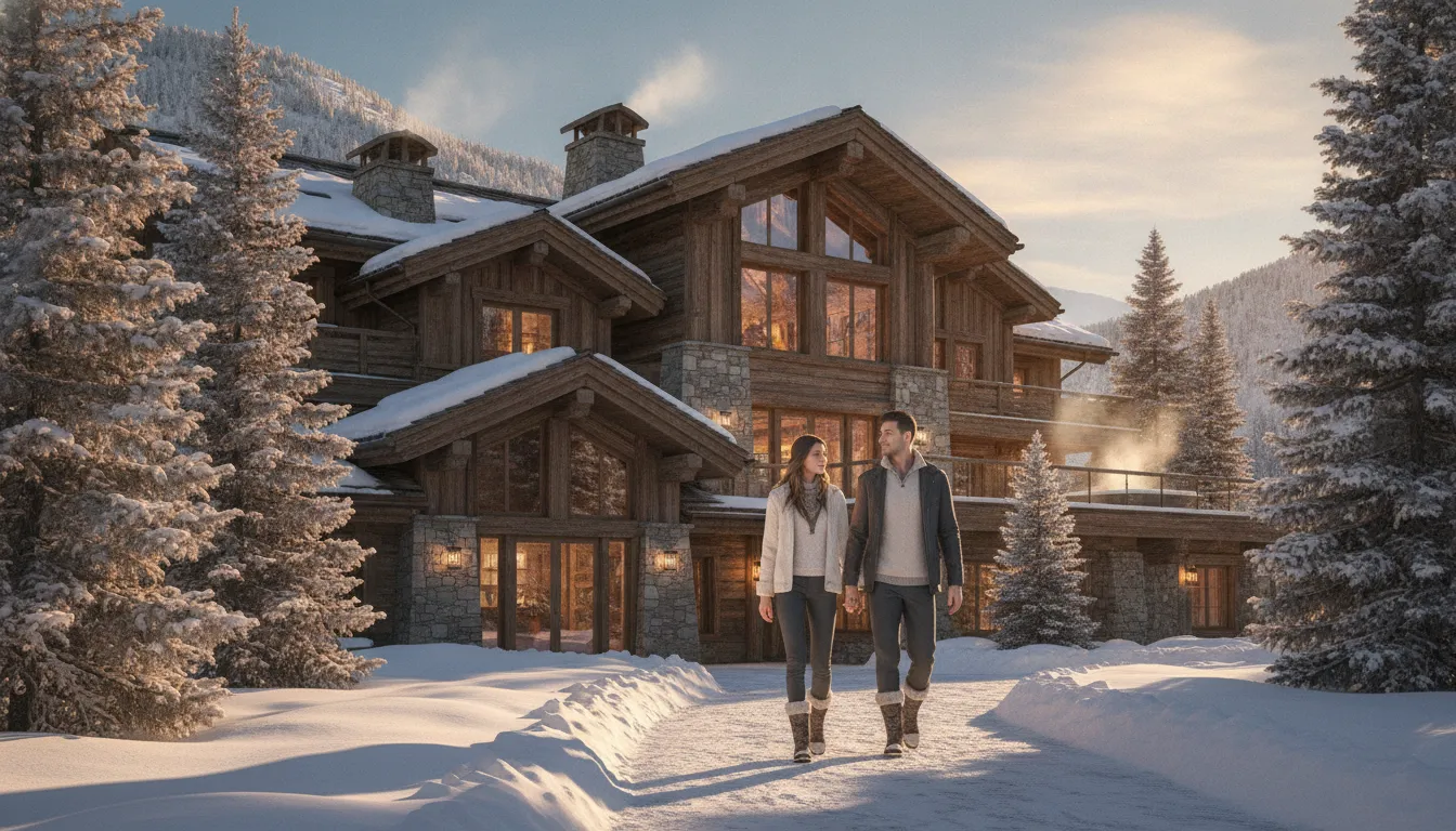 A stylish couple approaching a luxury mountain chalet in Park City at golden hour