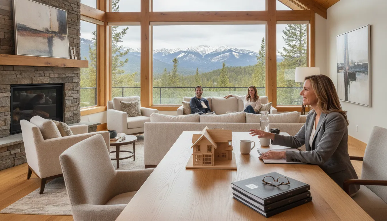 A mortgage advisor reviewing second home financing details with a couple in a Park City office