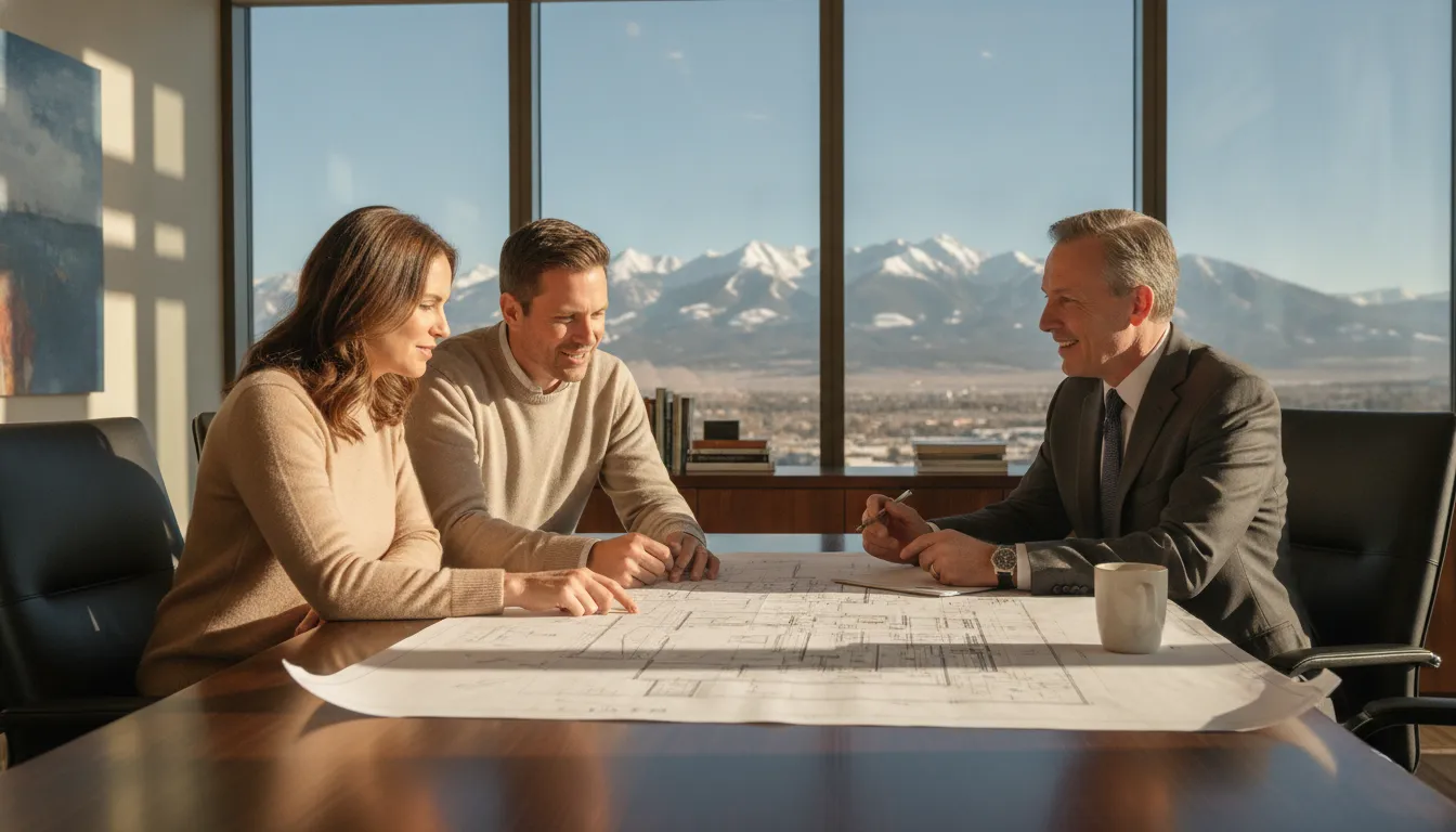 Couple reviewing resort second-home financing options with a mortgage advisor in a bright Utah office