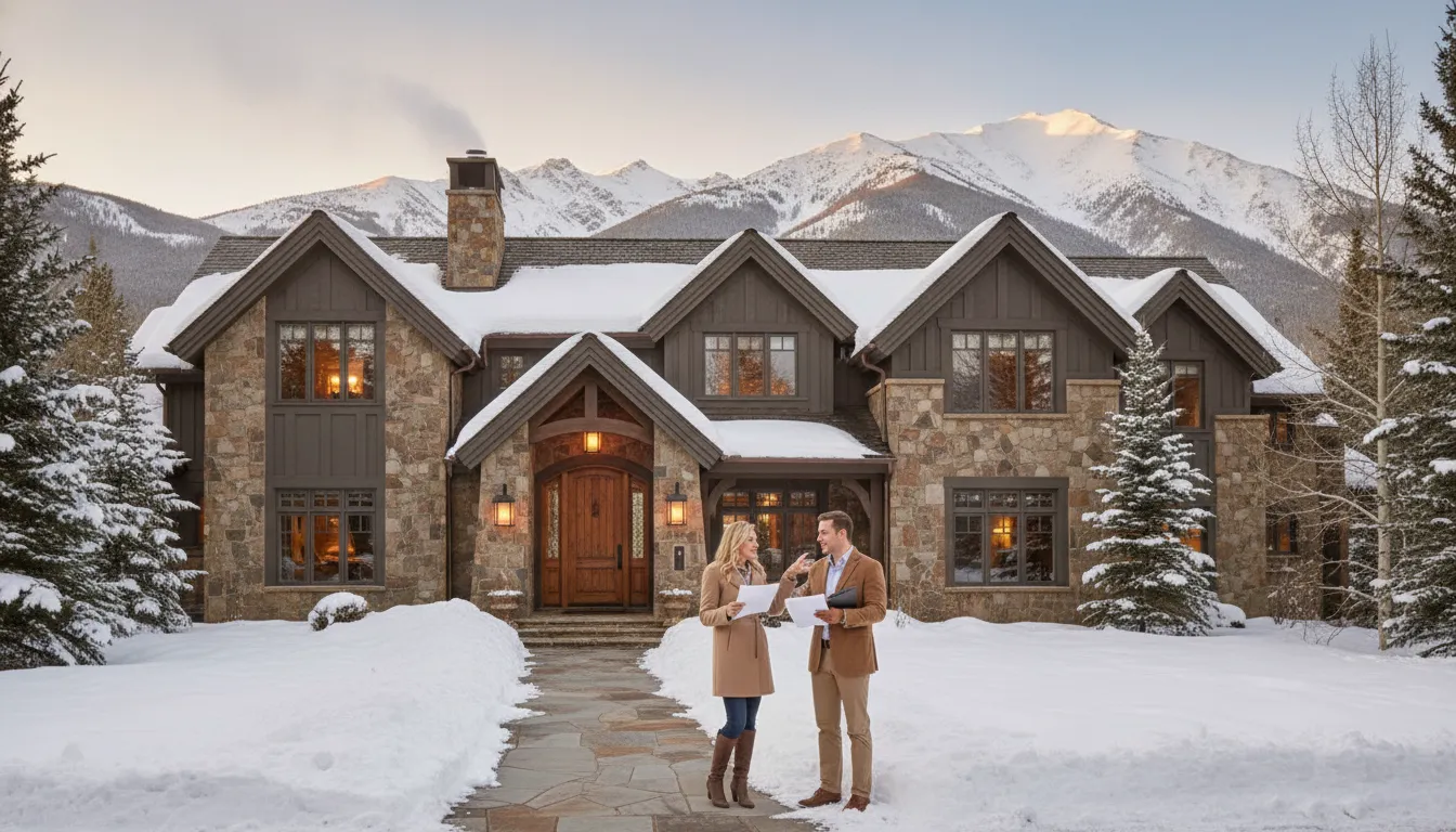 Luxury ski-area home in Park City Utah at golden hour with mountain views