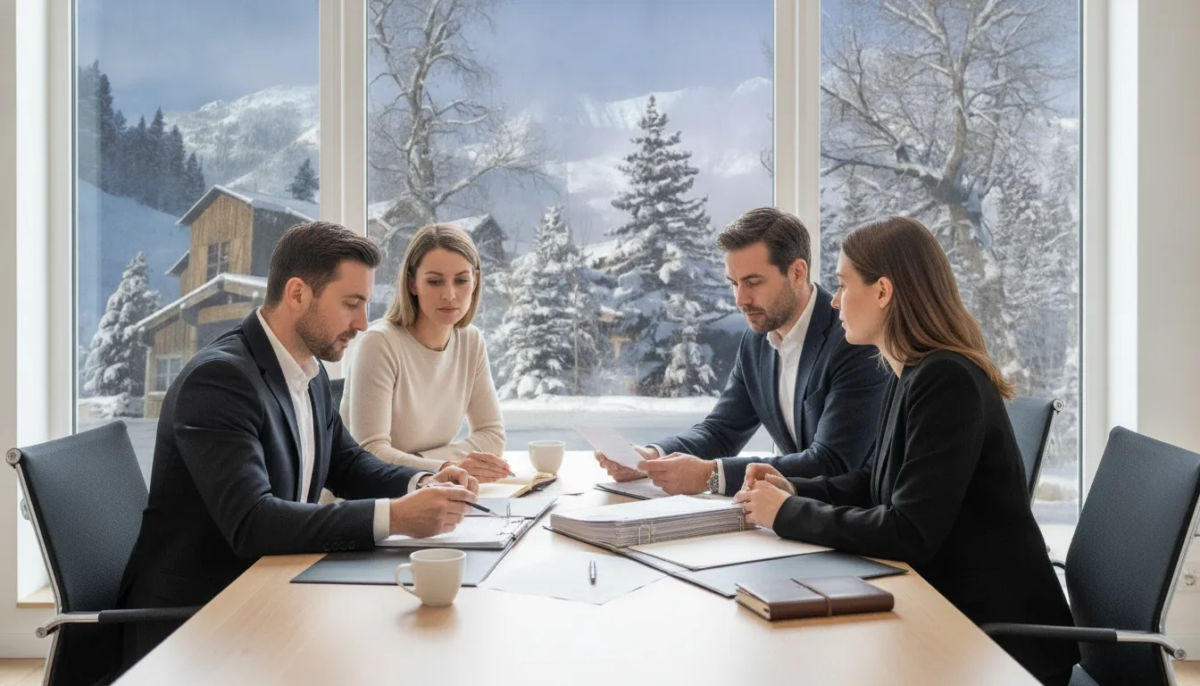 Mortgage advisor reviewing fixed vs adjustable loan options with a couple in a luxury real estate office