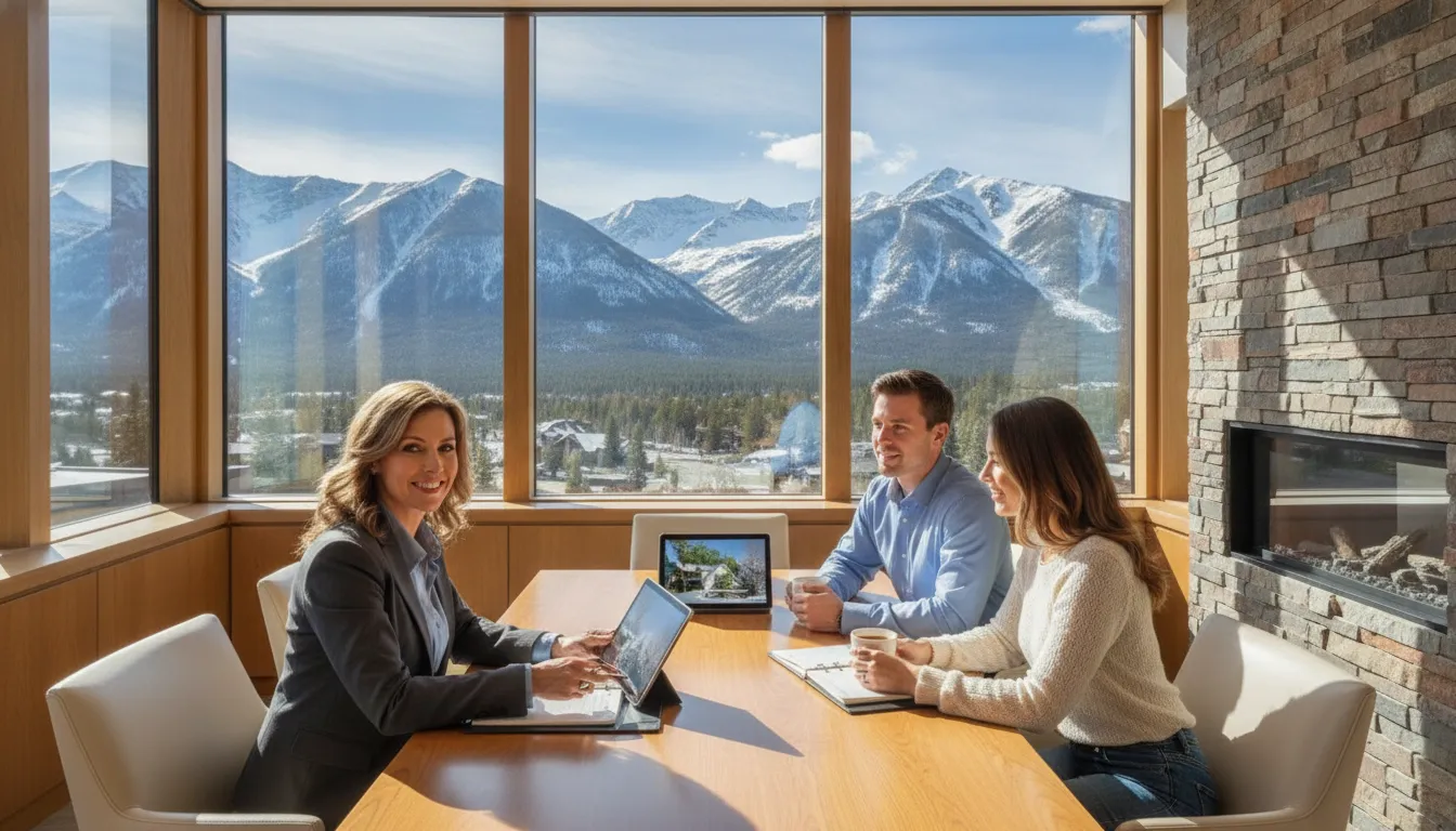 A Utah mortgage advisor consulting with a couple in a bright Park City office about jumbo financing for a luxury mountain home