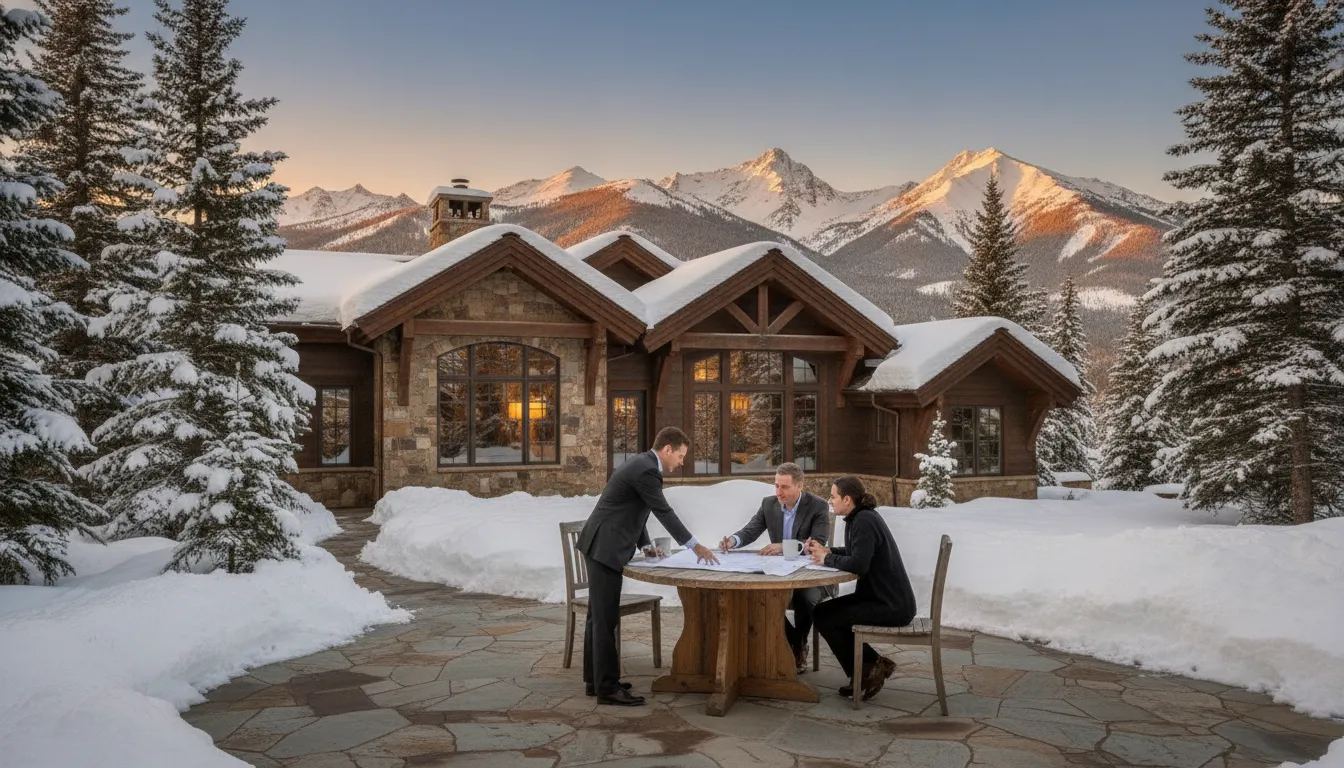 A luxury mountain estate in Park City Utah at golden hour with snow-dusted peaks in the background