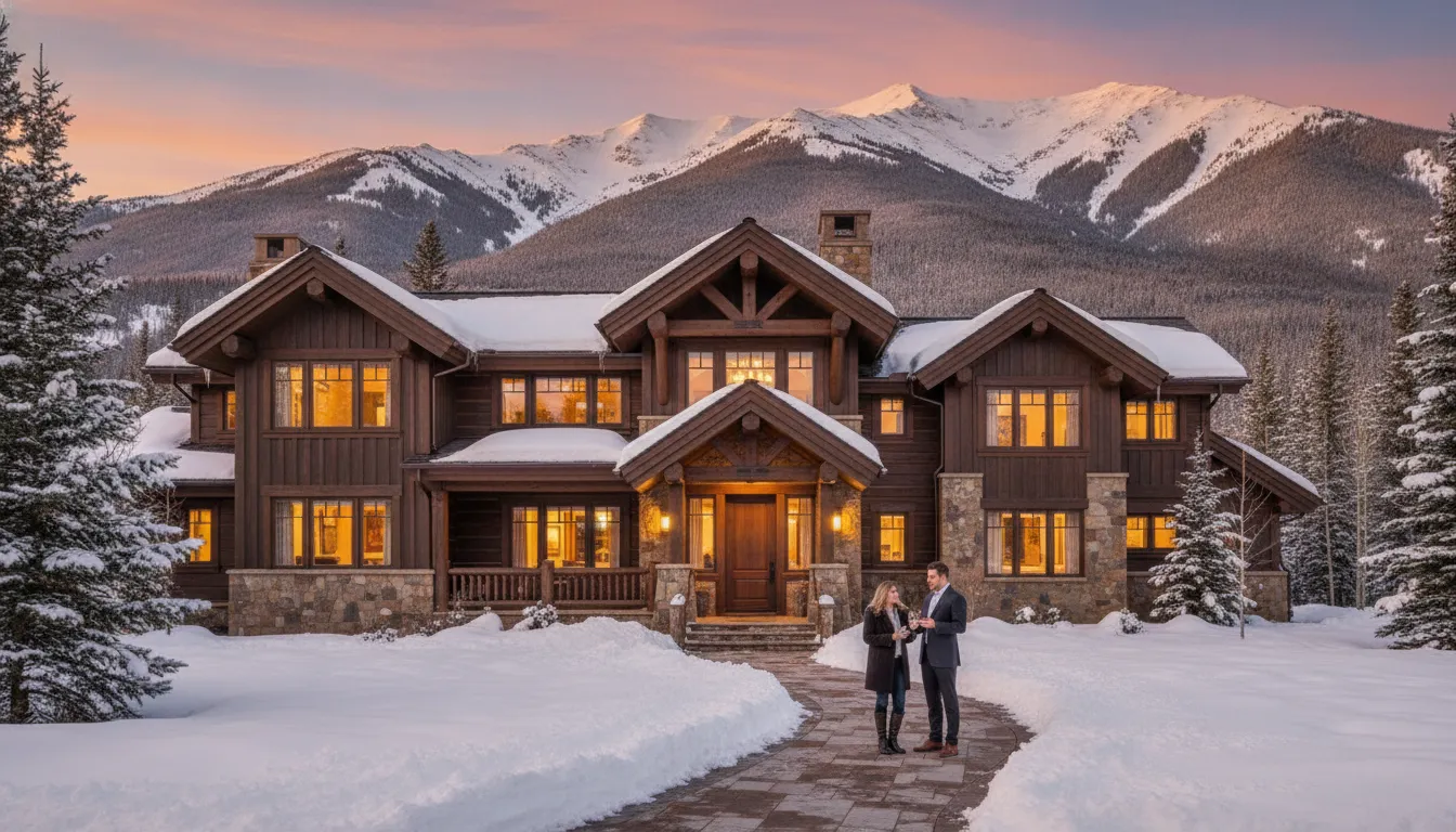 A luxury mountain home in Park City at golden hour with snow-dusted peaks behind it