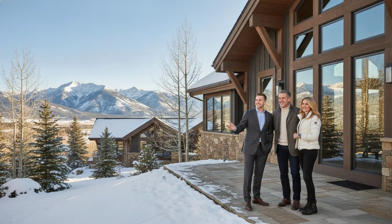 A mortgage specialist discussing luxury resort home financing with a couple outside a modern Park City chalet
