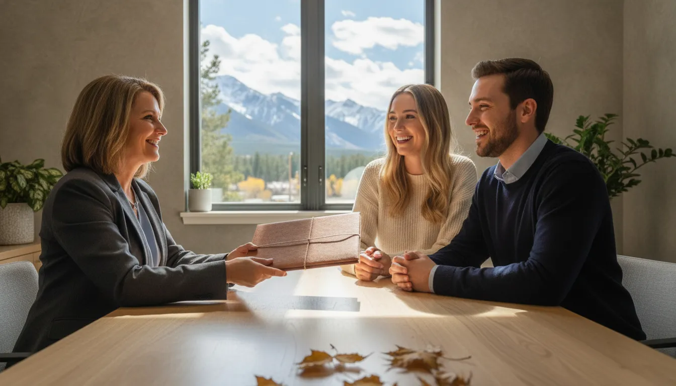 Mortgage advisor handing contract documents to a young who discuss financing at an upscale Heber City lending office