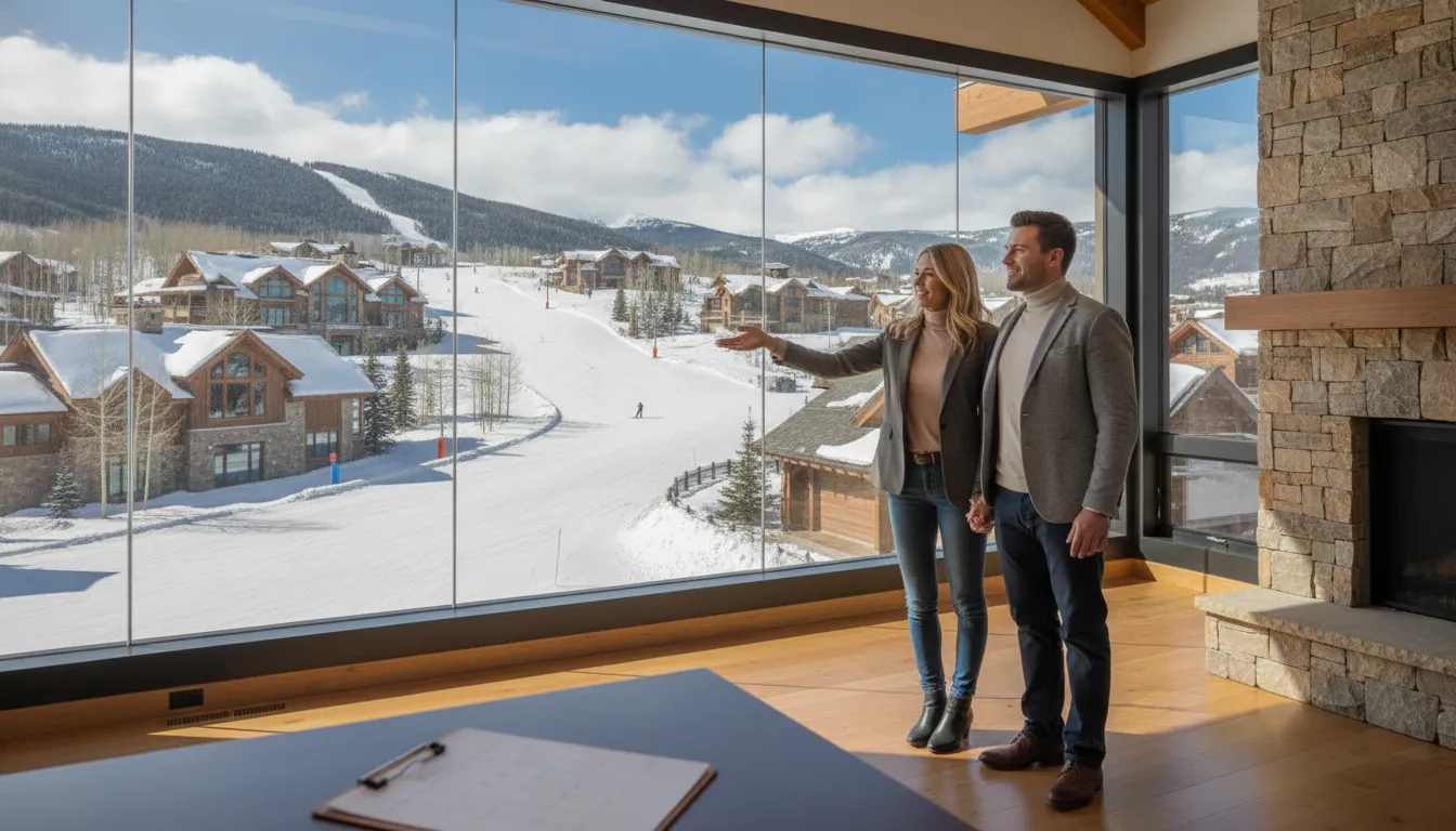 Real estate agent showing a couple the Park City ski slopes and luxury homes from a spacious mountain home