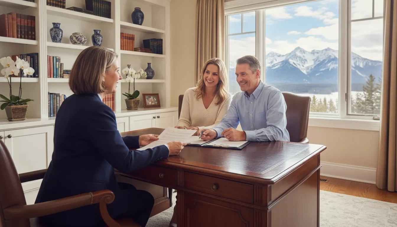 A mortgage advisor reviewing financial documents with an affluent couple in a bright home office with a mountain view