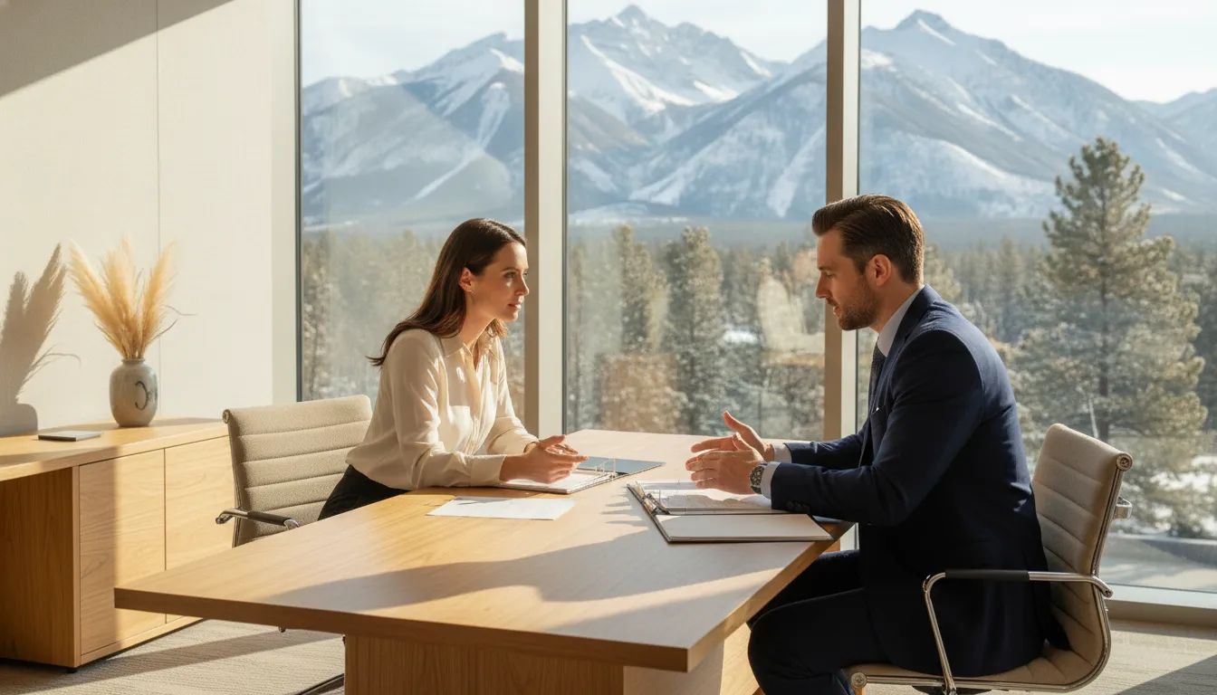Mortgage specialist reviewing jumbo loan documents with a luxury home buyer in a bright Utah office