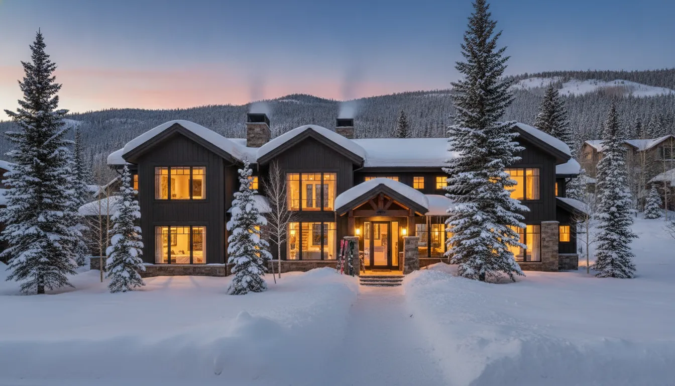 A Park City luxury mountain home at dusk with snow-dusted slopes behind a modern ski-in residence